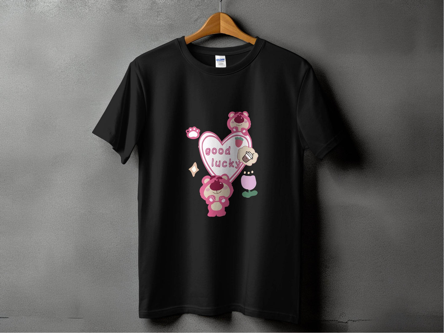 Cute Pink Bear With Good Lucky Heart Design T-Shirt - Design & Vybe
