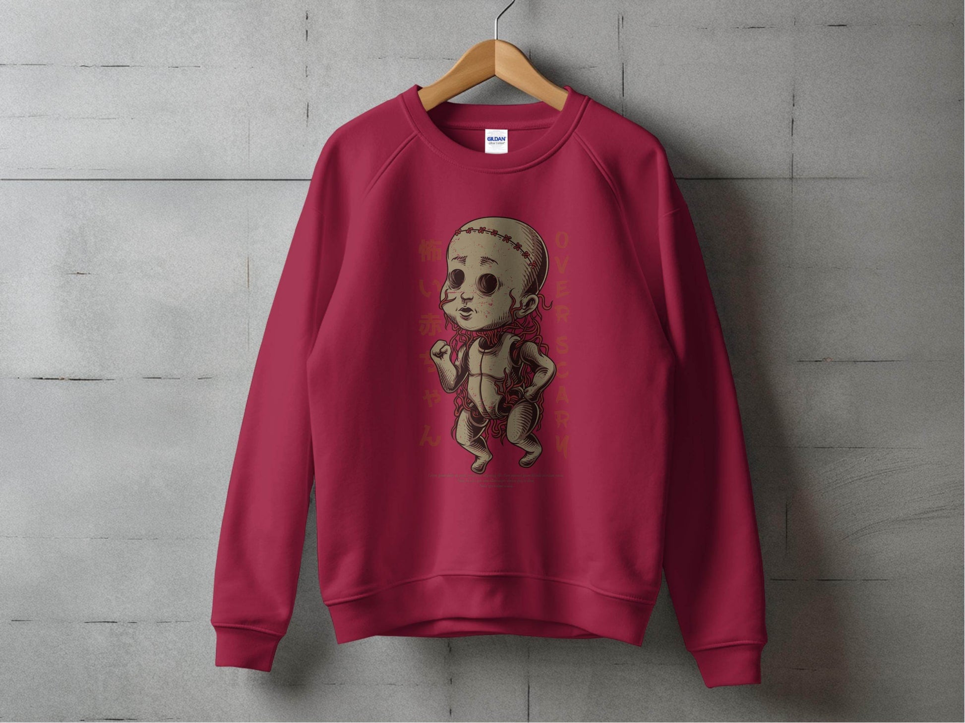 Scary Doll with Japanese Text Design Trendy Over Scary Sweater - Design & Vybe