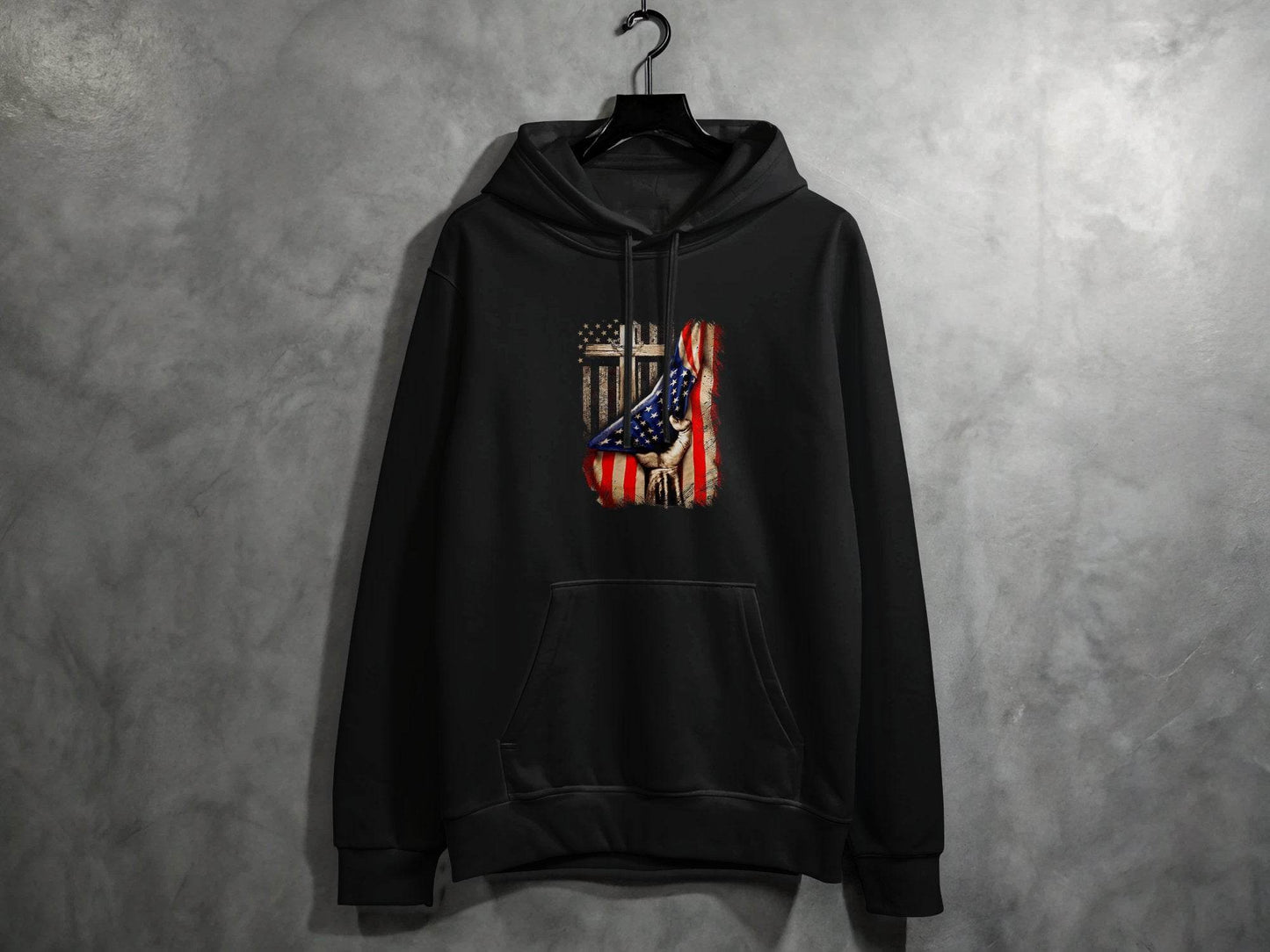 American Flag Plus Cross Held in Hand Design Hoodie - Design & Vybe