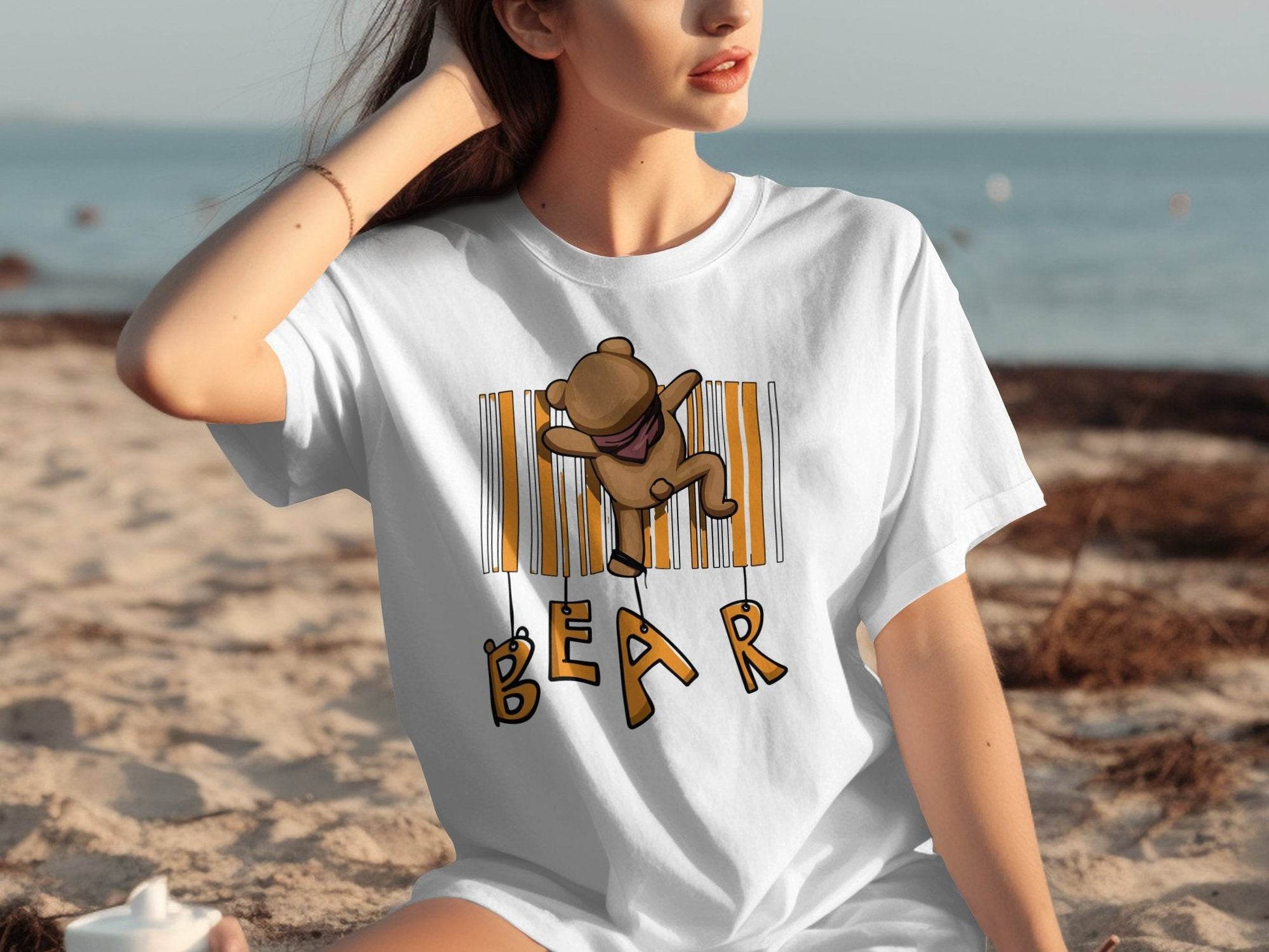 Funny Adorable Cute Bear Climbing Barcode Design Printed T-shirt - Design & Vybe