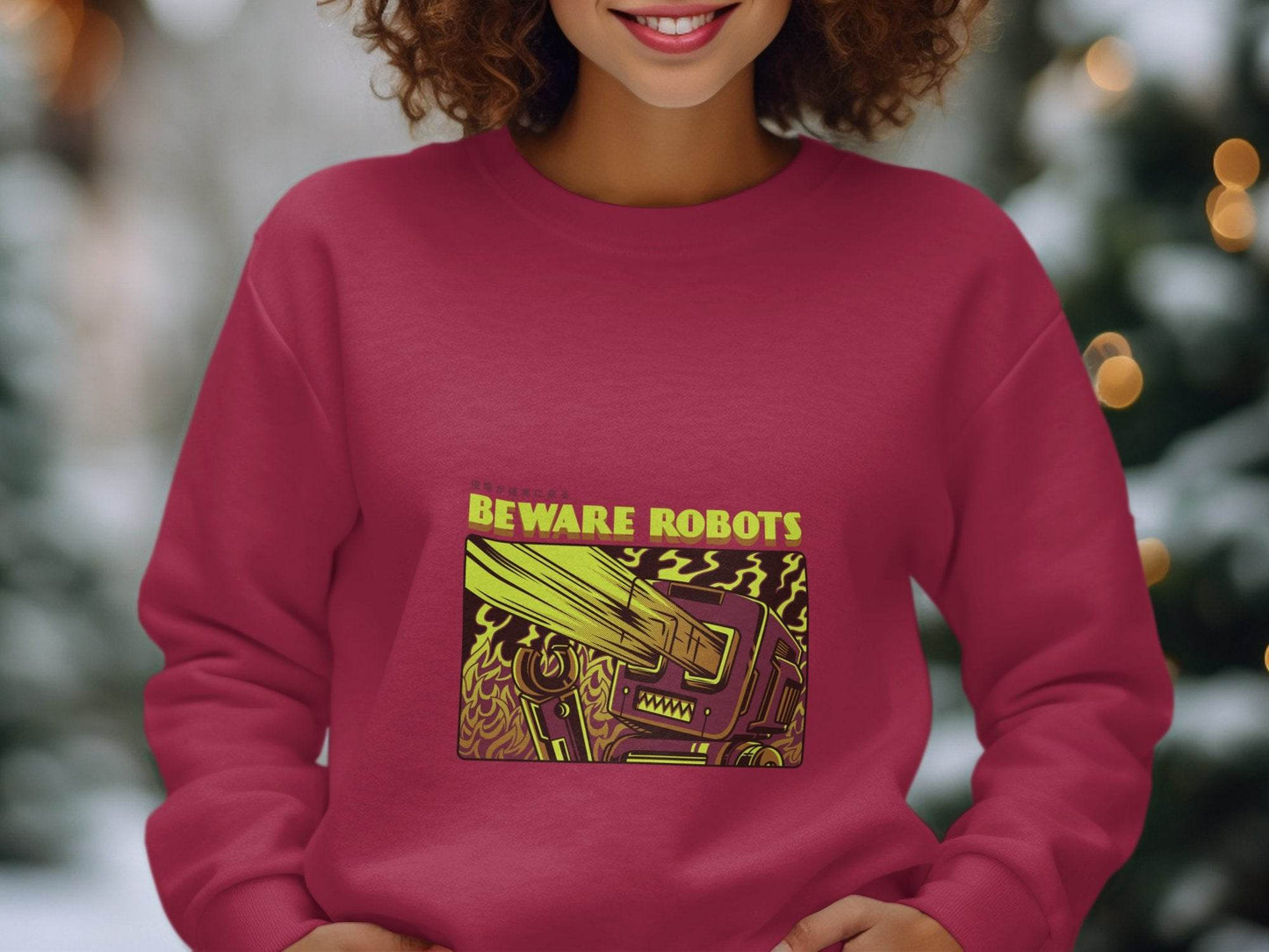 Retro Robot Invasion Graphic Beware Robots Sweaters - Design & Vybe