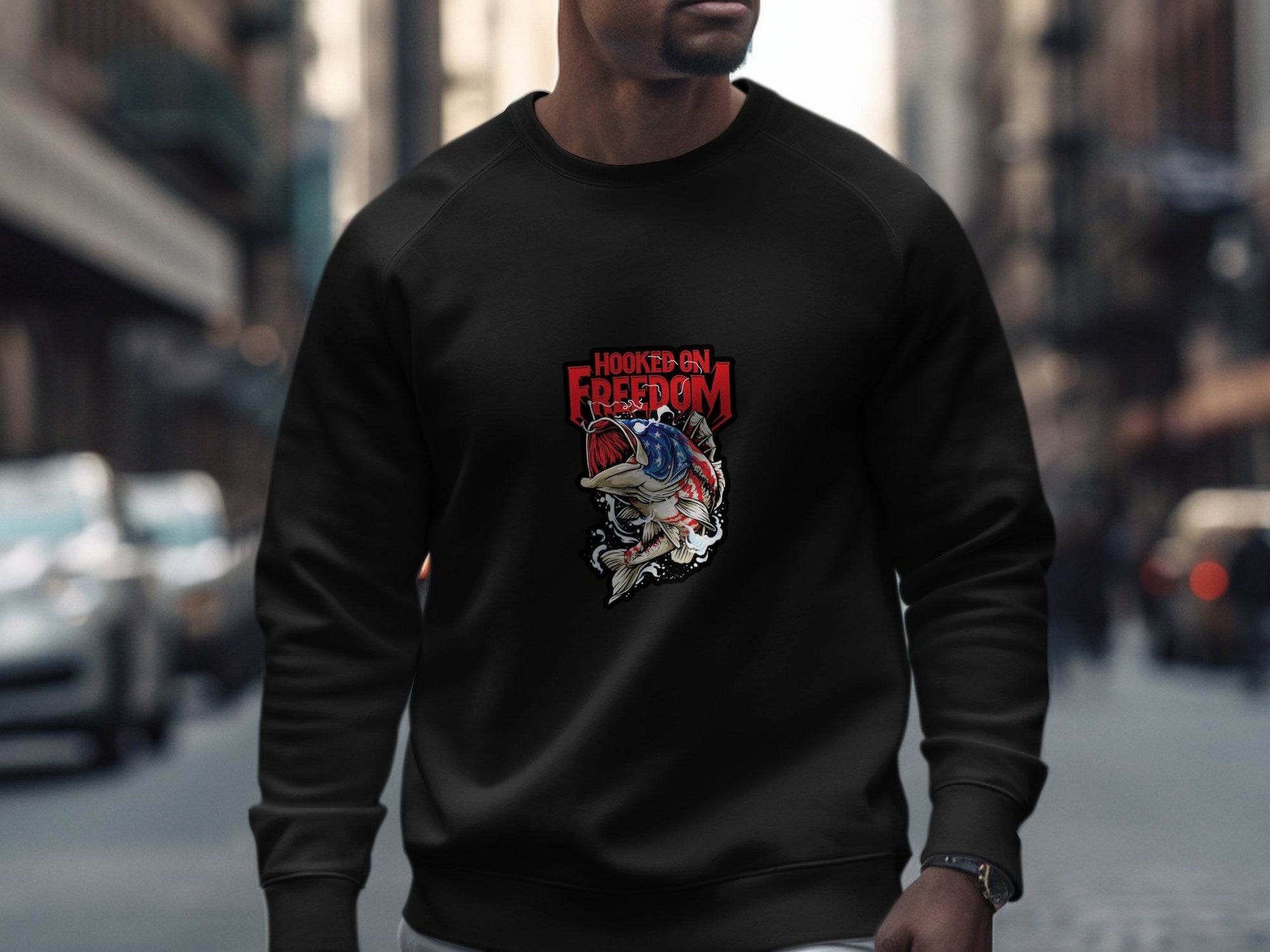 Hooked On Freedom Patriotic Fish Graphic Sweater - Design & Vybe