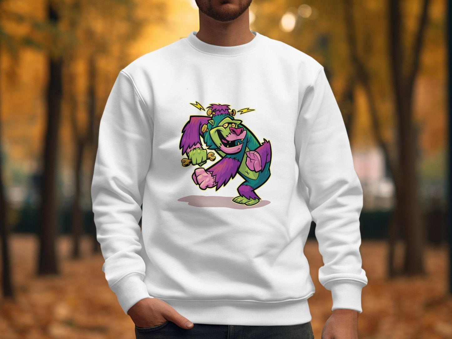 Cartoon Frankenstein with Lightning Strikes Above Sweater - Design & Vybe