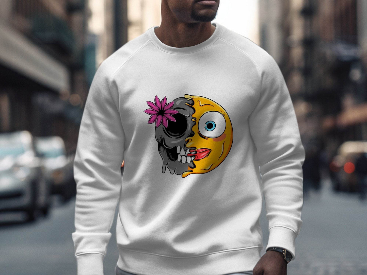 Half Skull and Happy Face Smiley Design Sweater - Design & Vybe