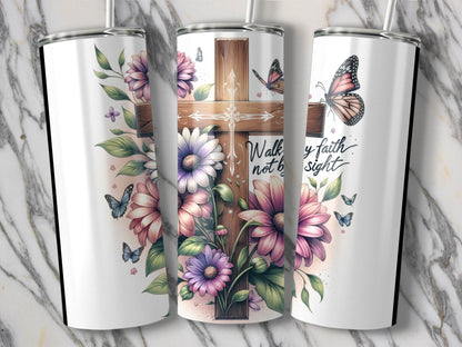 Walk By Faith Cross With Flowers And Butterflies Tumbler - Design & Vybe