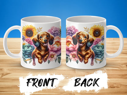 Cute Happy Dog Flower Print White Ceramic Mug product