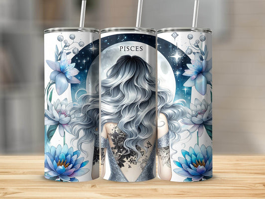 Pisces Zodiac Sign Woman with Floral Tattoo Design Tumbler - Design & Vybe