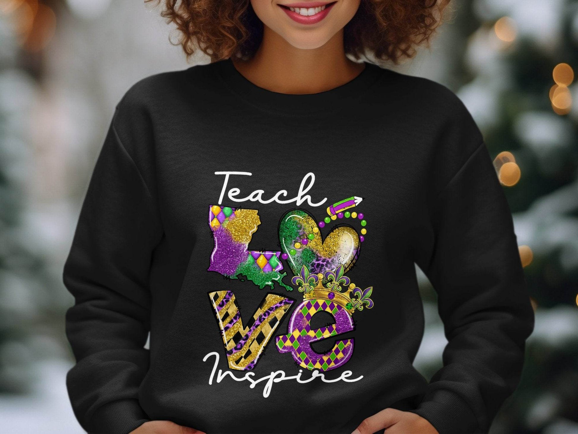 Teach Love Inspire Louisiana Heart Crown Mardi Gras Sweater - Design & Vybe