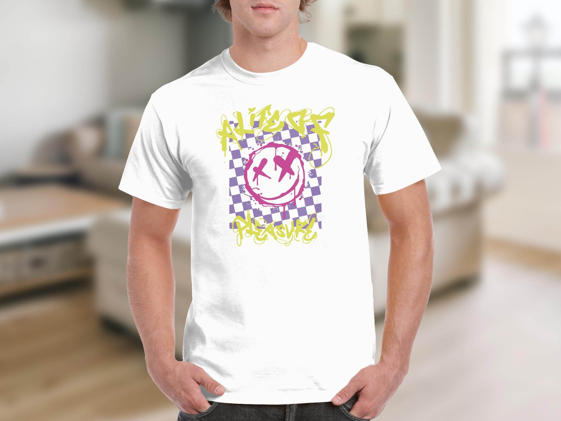 Grunge Smiley Checkered Dead Smile Graphic with Graffiti T-shirt - Design & Vybe