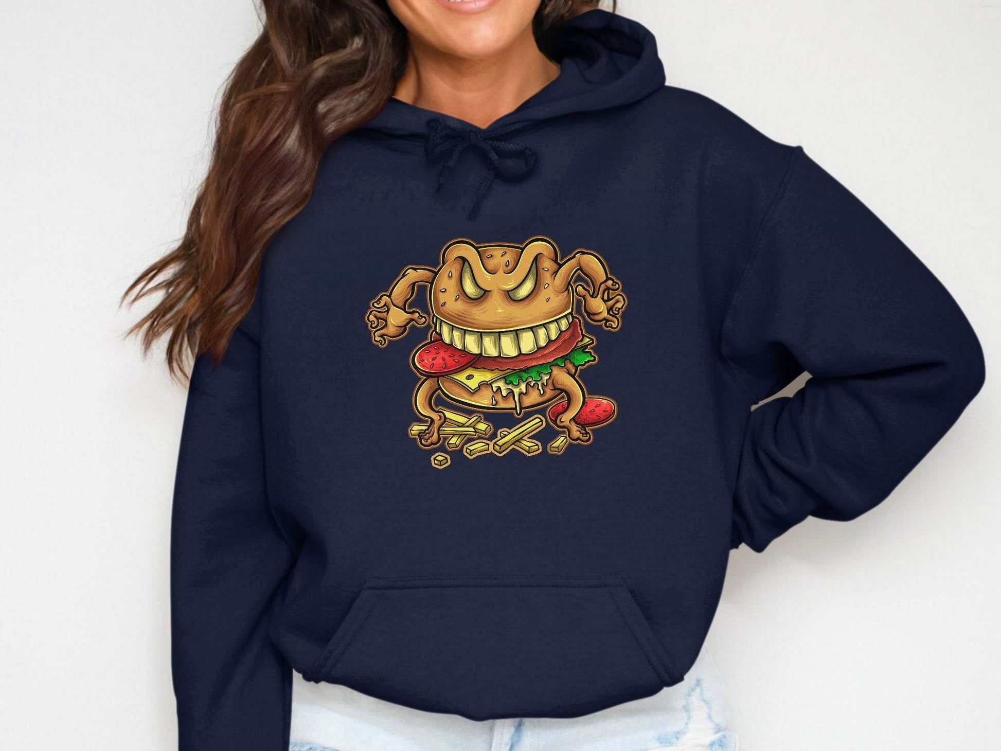 Quirky Cartoon Monster Cheeseburger Graphic Hoodie - Design & Vybe