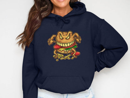 Quirky Cartoon Monster Cheeseburger Graphic Hoodie - Design & Vybe