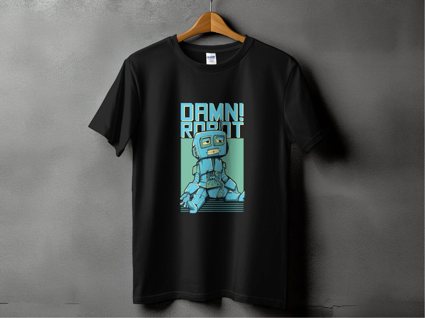 DAMN! Sad Robot Art With Greenish Backdrop Design T-Shirt - Design & Vybe