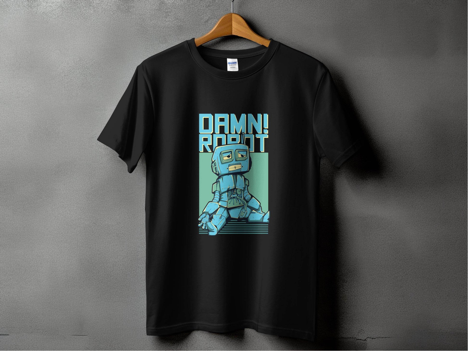 DAMN! Sad Robot Art With Greenish Backdrop Design T-Shirt - Design & Vybe