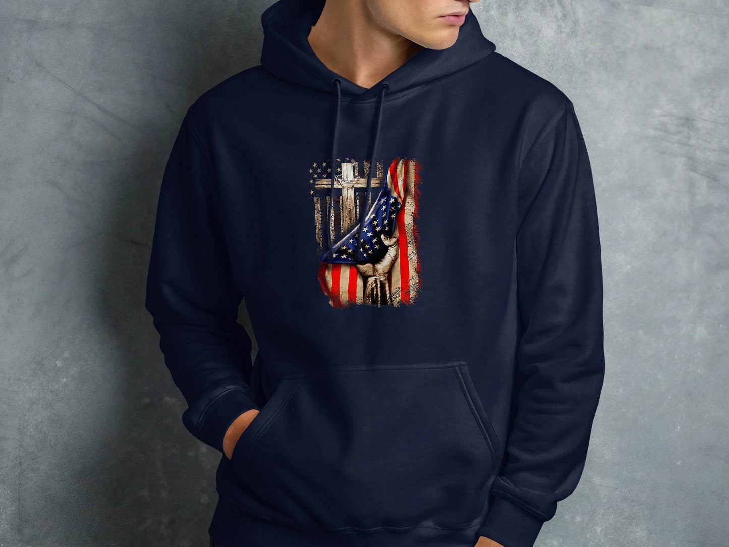 American Flag Plus Cross Held in Hand Design Hoodie - Design & Vybe