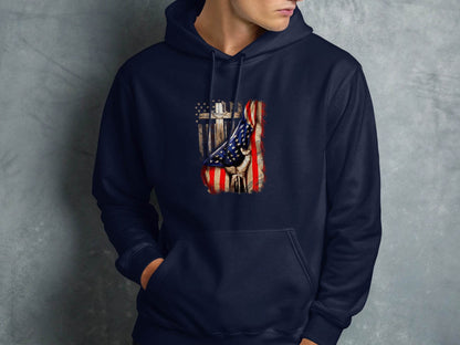 American Flag Plus Cross Held in Hand Design Hoodie - Design & Vybe