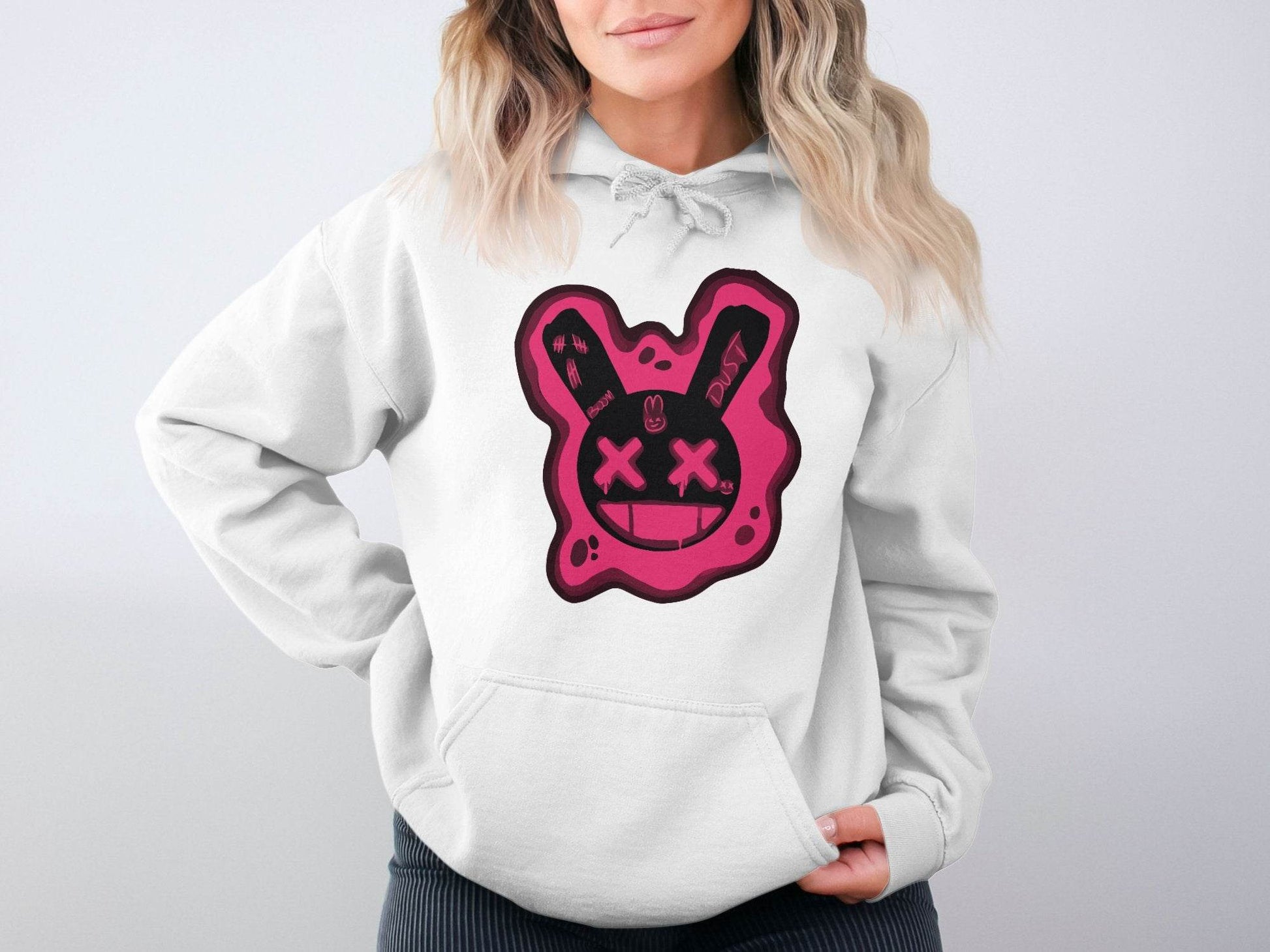 Unique Red Pink Dripping Rabbit Bunny Dead Smiley Face Graphic Hoodie - Design & Vybe