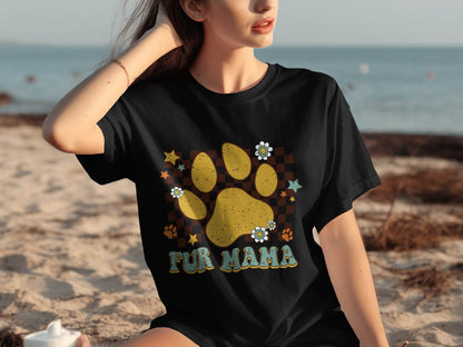 Fur Mama Paw Print Stars Flowers Checkered Pattern T-Shirt - Design & Vybe