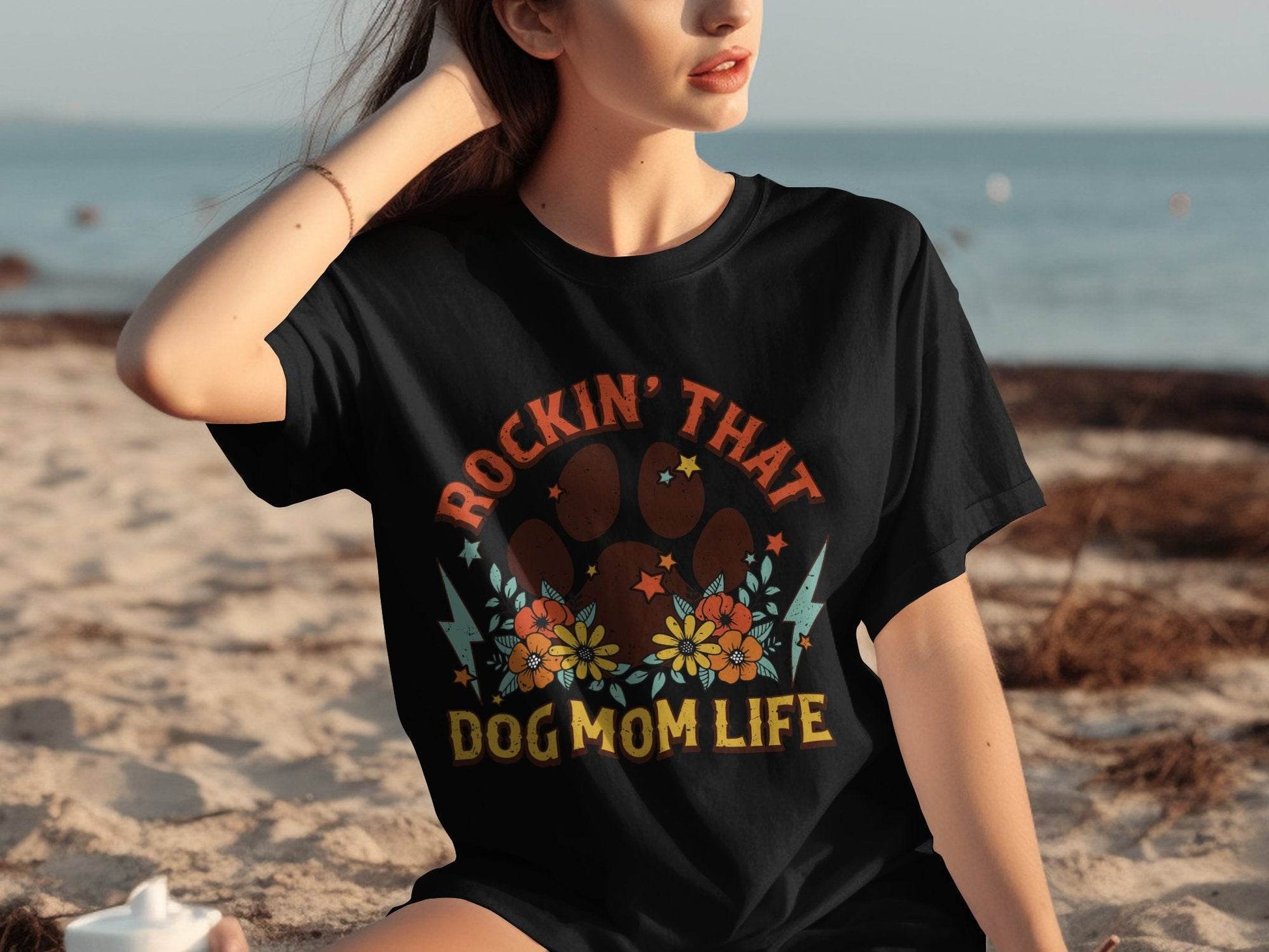 Rockin' That Dog Mom Life With Paw and Flowers T-Shirt - Design & Vybe