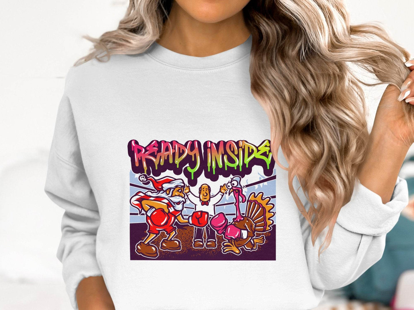 Funny Santa vs Turkey Boxing Ring Graphic Sweater - Design & Vybe