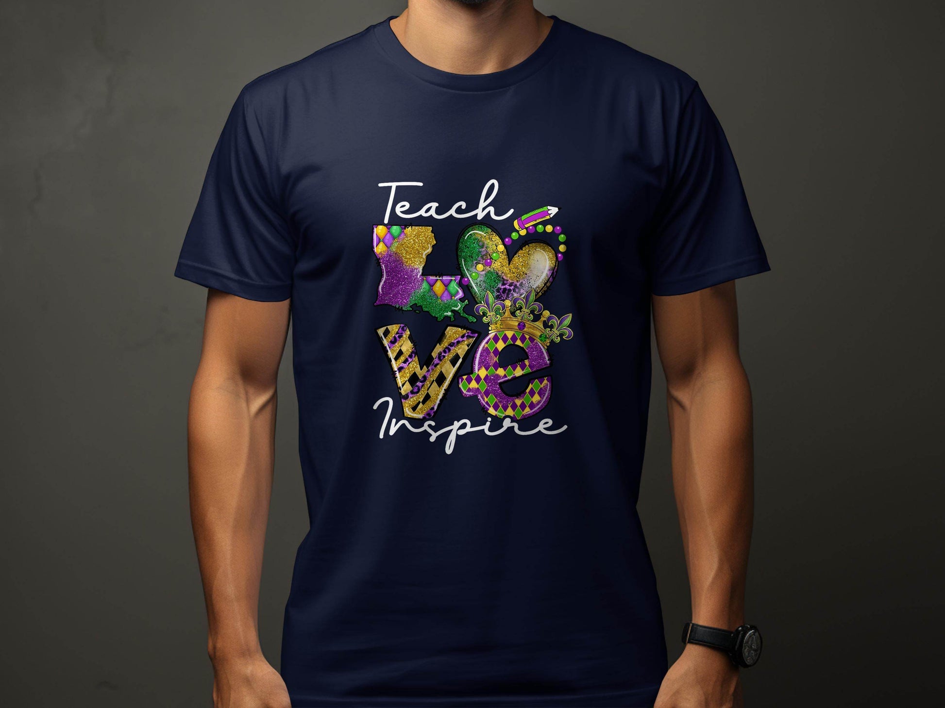 Teach Love Inspire Louisiana Heart Crown Mardi Gras T-Shirt - Design & Vybe