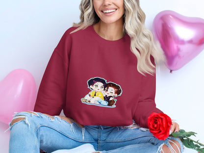 Two Boys Cute Cartoon Sitting Together Art On Sweater - Design & Vybe