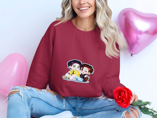 Two Boys Cute Cartoon Sitting Together Art On Sweater - Design & Vybe