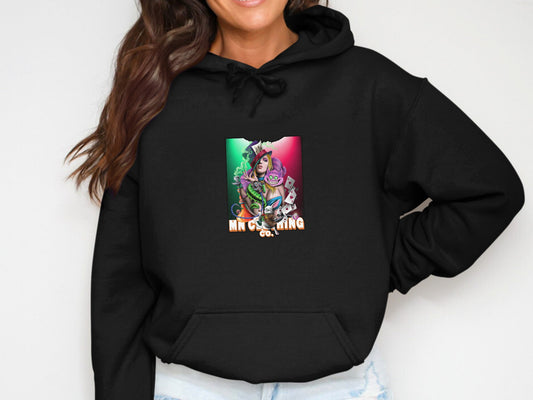 Colorful Woman Illustration on Black Hooded Sweatshirt Product