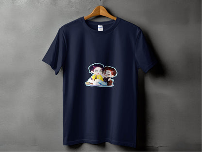 Two Boys Cute Cartoon Sitting Together Art On T-Shirt - Design & Vybe