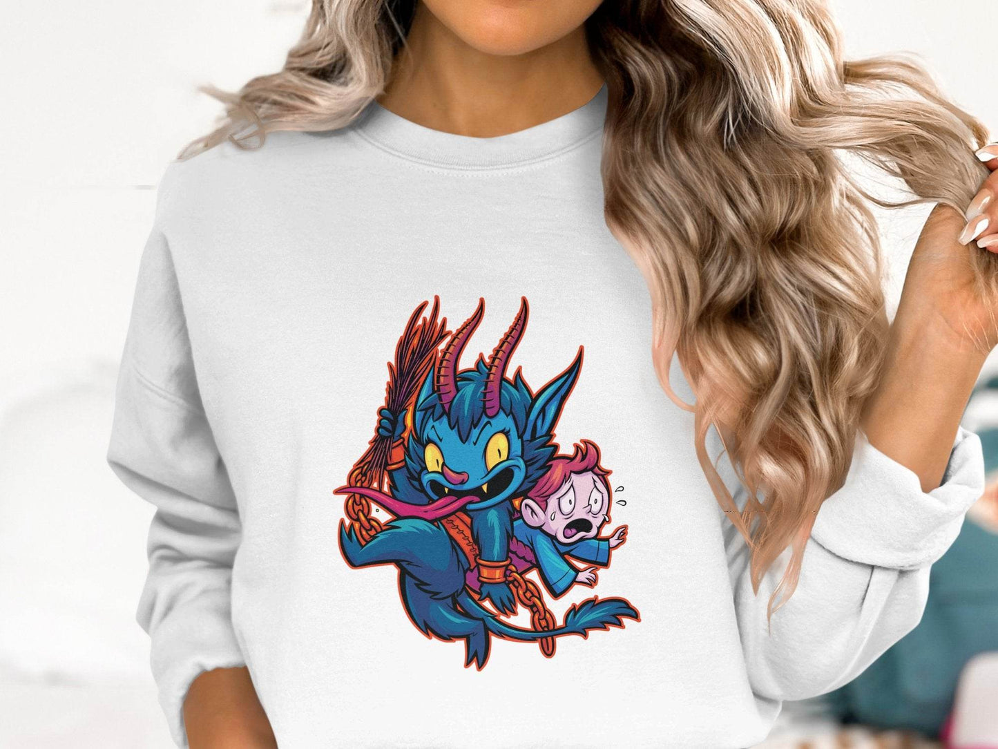 Krampus With Child Caught Illustration Cartoon Sweater - Design & Vybe