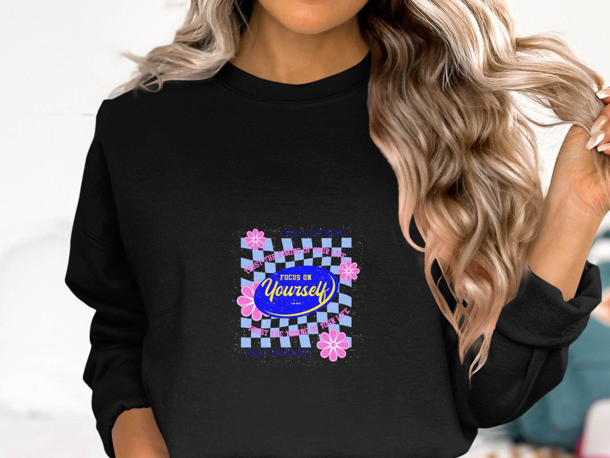 Focus on Yourself Trust Timing Floral Design Sweater - Design & Vybe