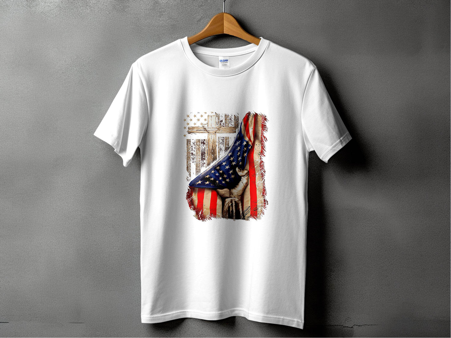 American Flag Plus Cross Held in Hand Design T-Shirt - Design & Vybe