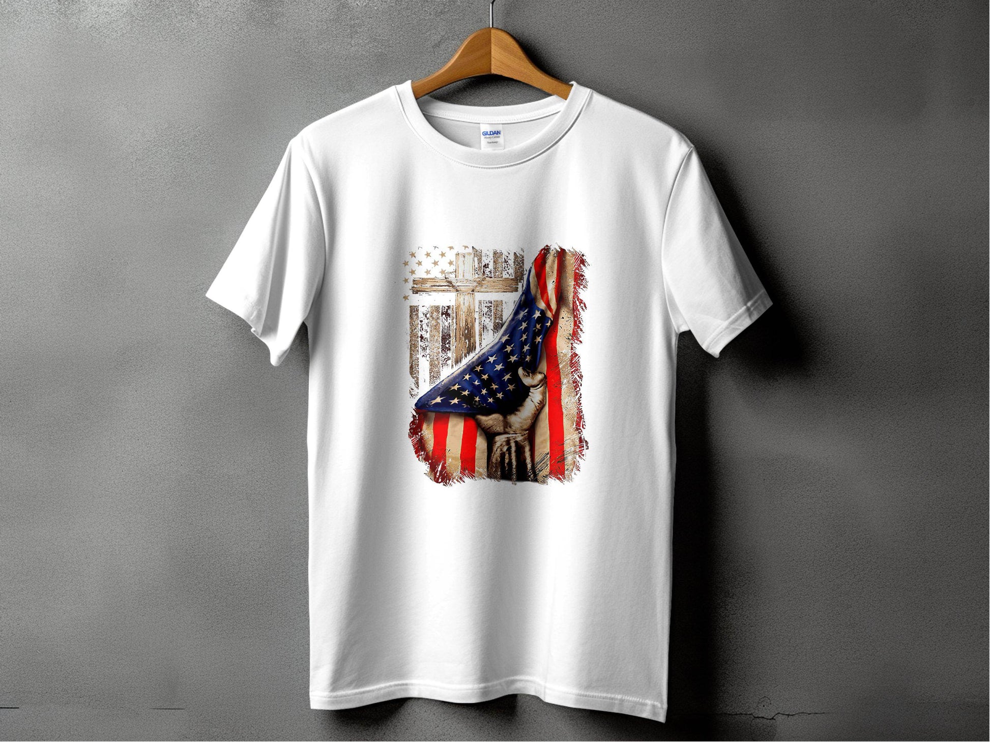 American Flag Plus Cross Held in Hand Design T-Shirt - Design & Vybe
