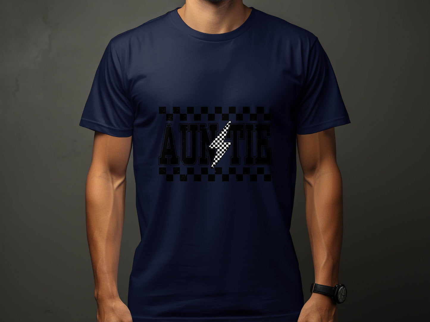 Auntie with Checkered Lightning Bolt Graphic T-Shirt - Design & Vybe