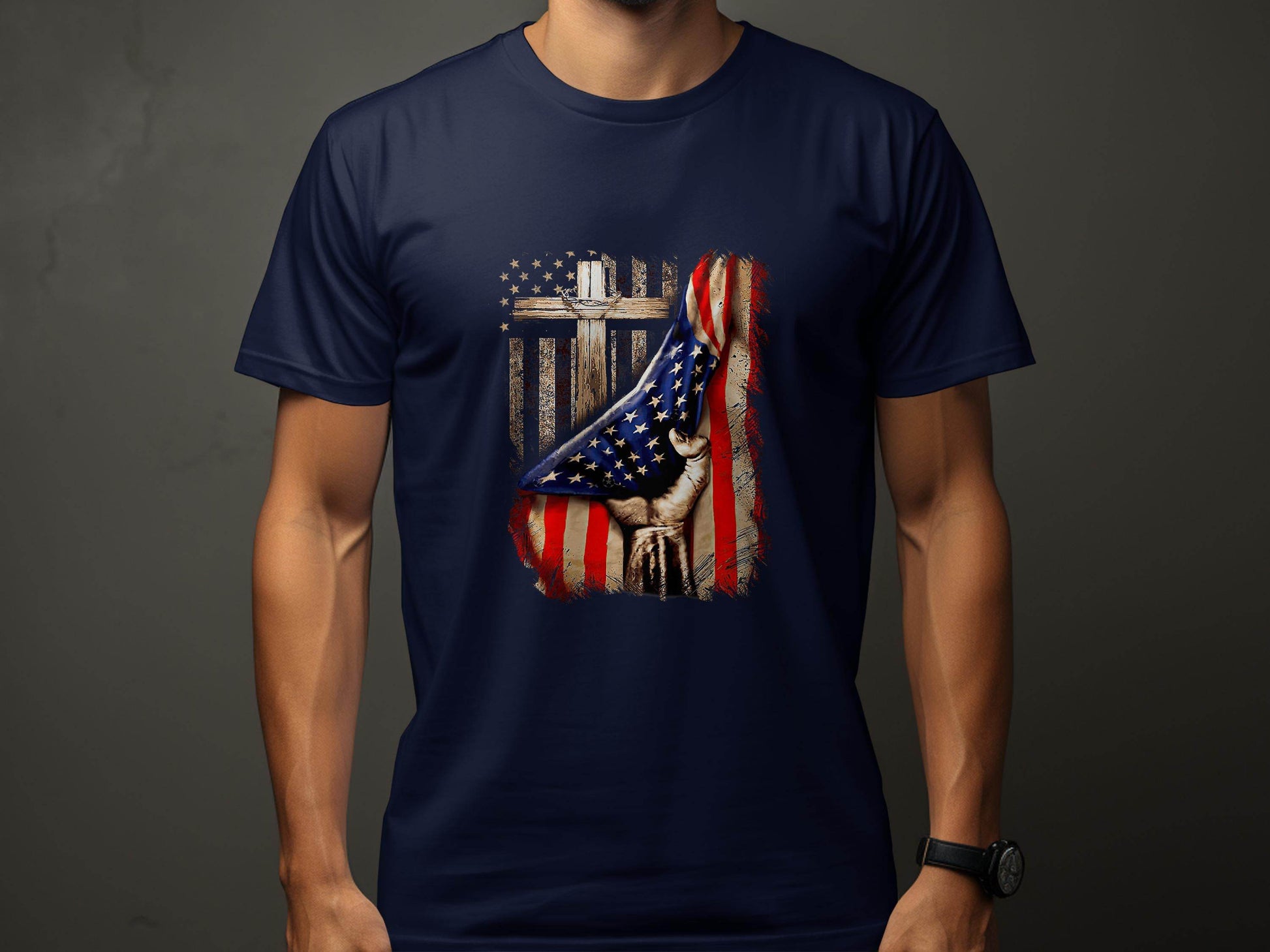 American Flag Plus Cross Held in Hand Design T-Shirt - Design & Vybe
