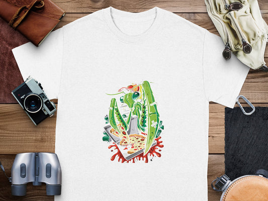 Quirky Mantis Enjoying Pizza Art Graphic T-shirt product type