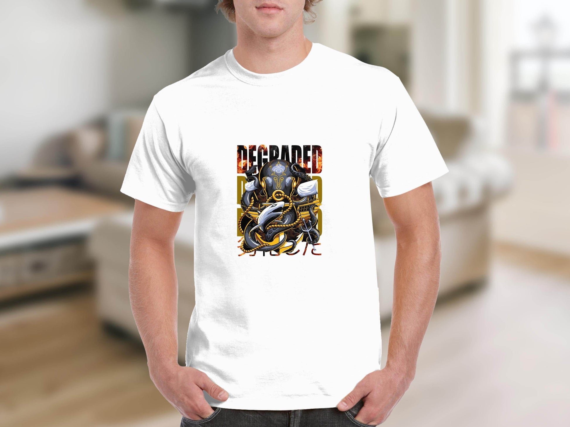 Degraded Design with Shark Anchor Octopus Artwork T-Shirt - Design & Vybe