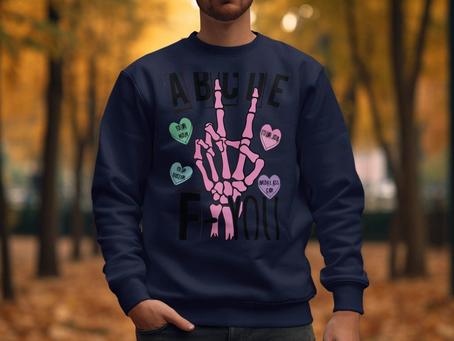 Humorous Skeleton Hand Gesture Graphic Sweater - Design & Vybe