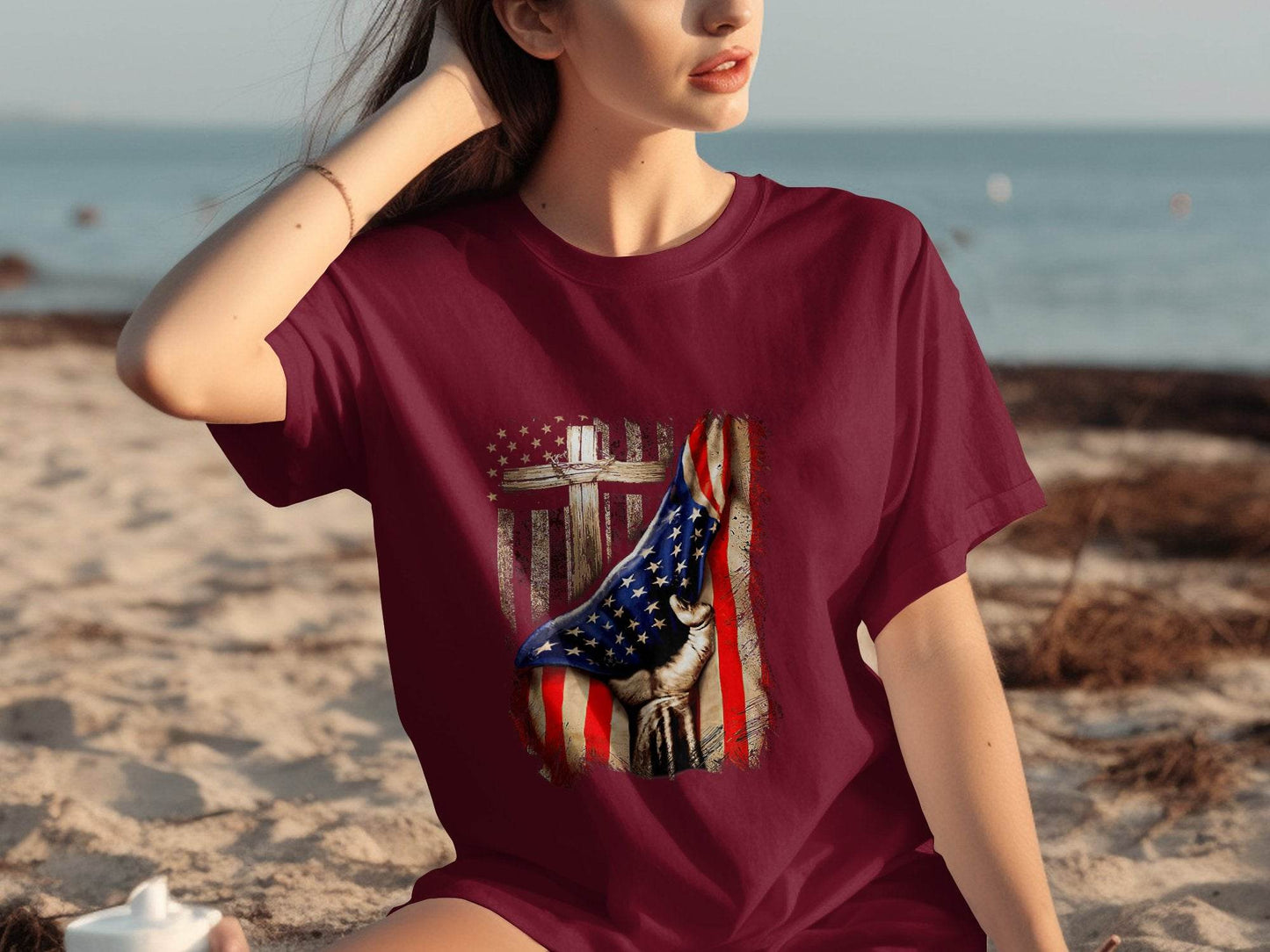 American Flag Plus Cross Held in Hand Design T-Shirt - Design & Vybe