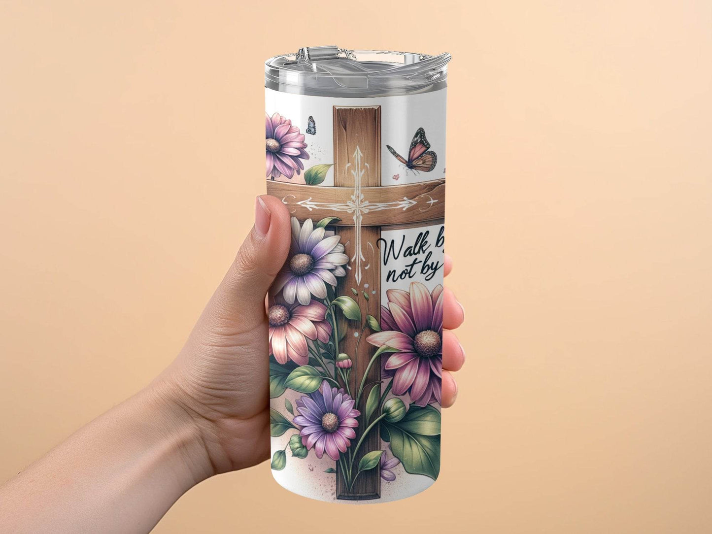 Walk By Faith Cross With Flowers And Butterflies Tumbler - Design & Vybe