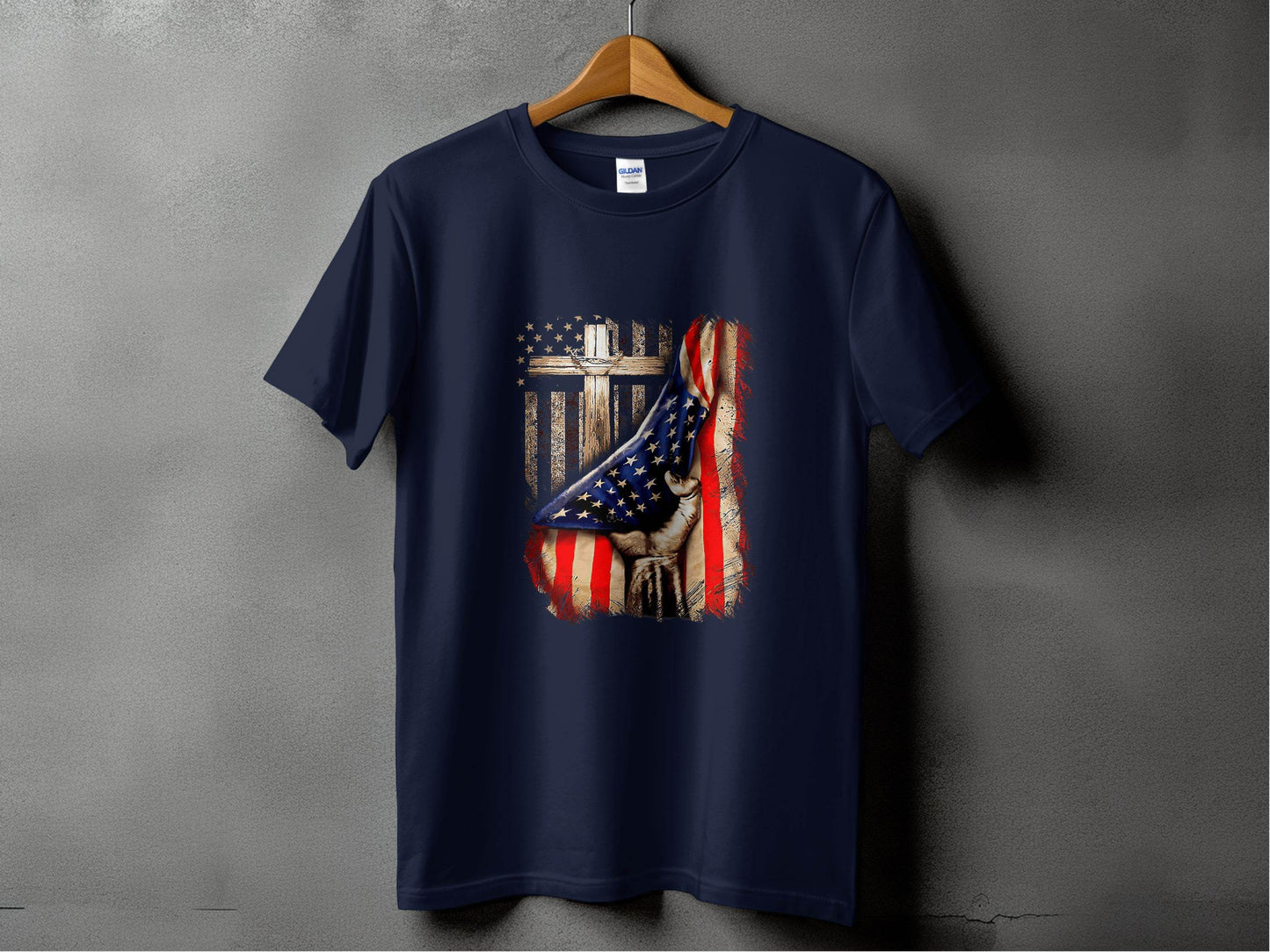 American Flag Plus Cross Held in Hand Design T-Shirt - Design & Vybe