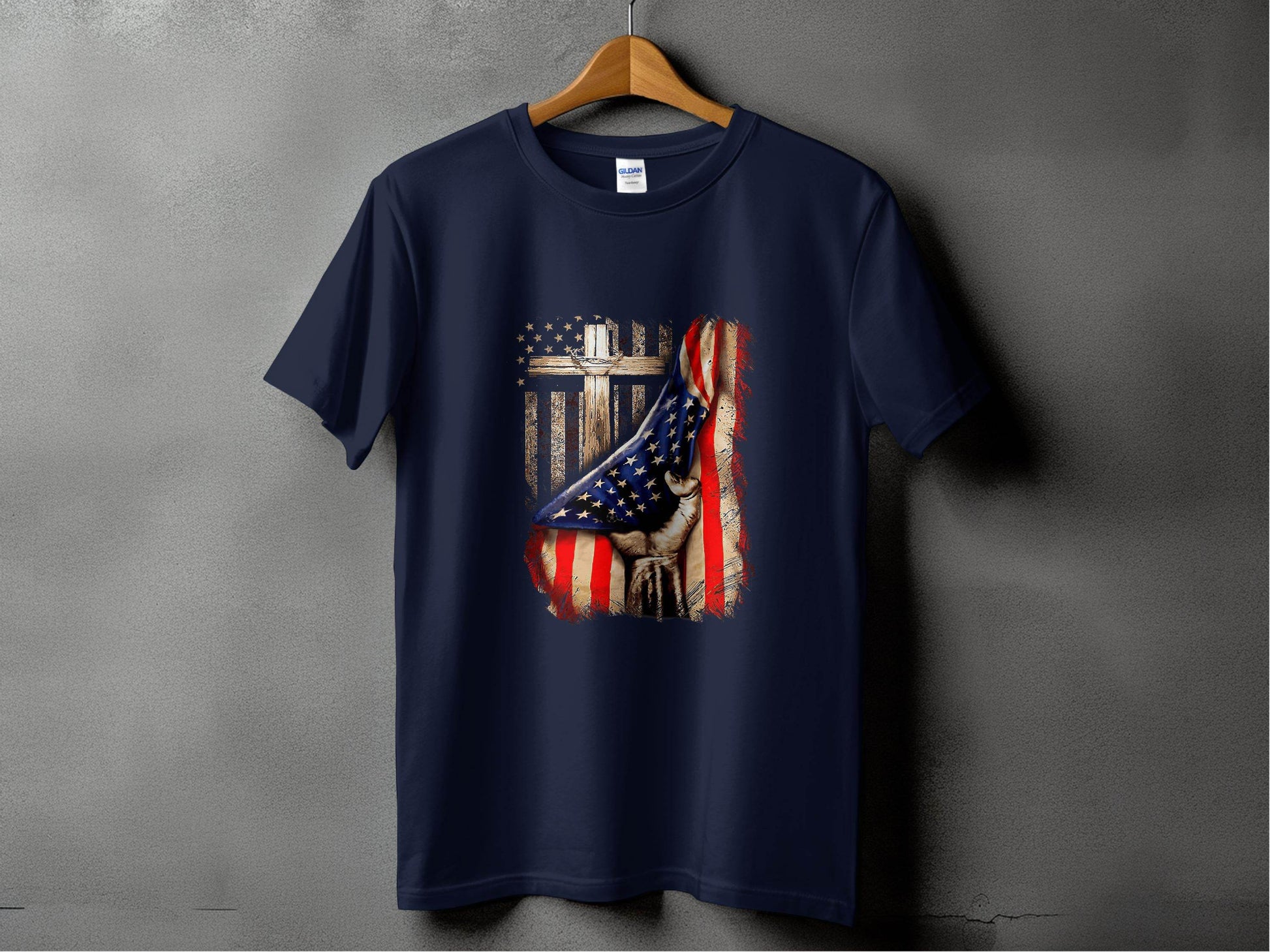 American Flag Plus Cross Held in Hand Design T-Shirt - Design & Vybe