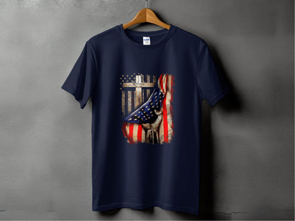 American Flag Plus Cross Held in Hand Design T-Shirt - Design & Vybe