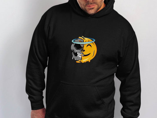 Skull Meets Emoji with a Halo Graphic Novelty Hoodie - Design & Vybe
