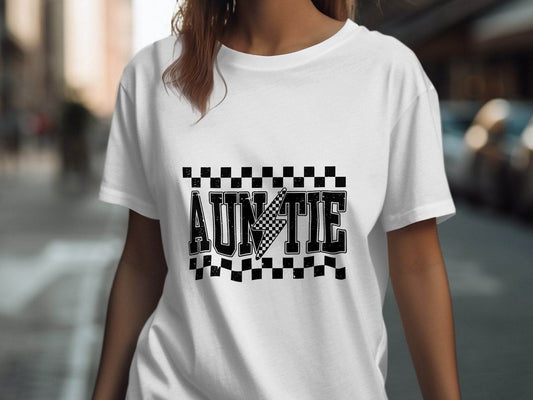 Auntie with Checkered Lightning Bolt Graphic T-Shirt - Design & Vybe