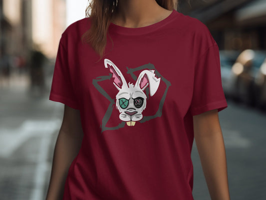 Distressed Bunny Graphic Design on Red T-shirt product type