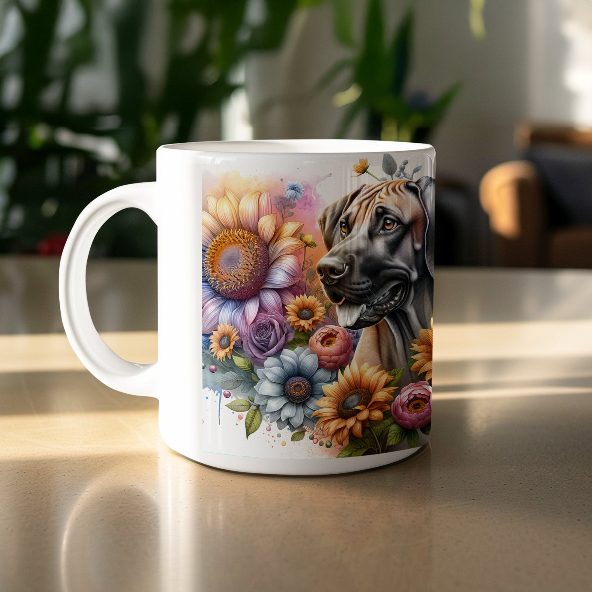Beautiful Dog and Flowers Art on Morning Coffee product