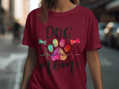 Dog Mom with Paw Print and Heartbeat Graphic Design T-Shirt - Design & Vybe