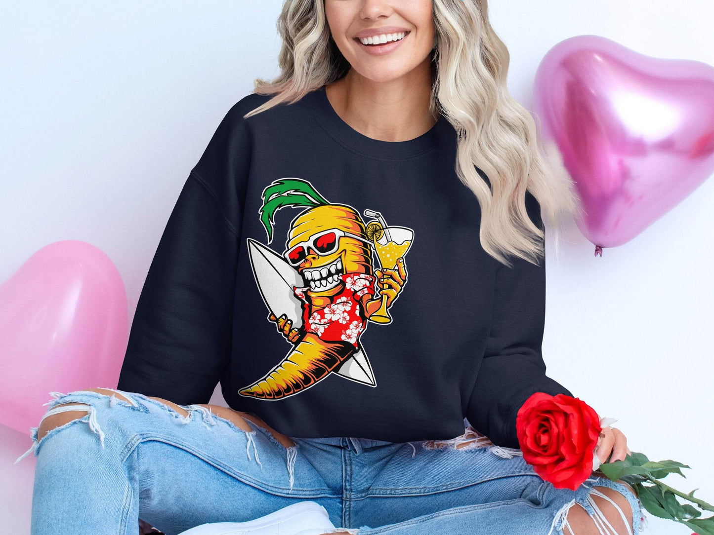 Tropical Vibes Surfboard Carrot Skeleton Graphic Sweater - Design & Vybe