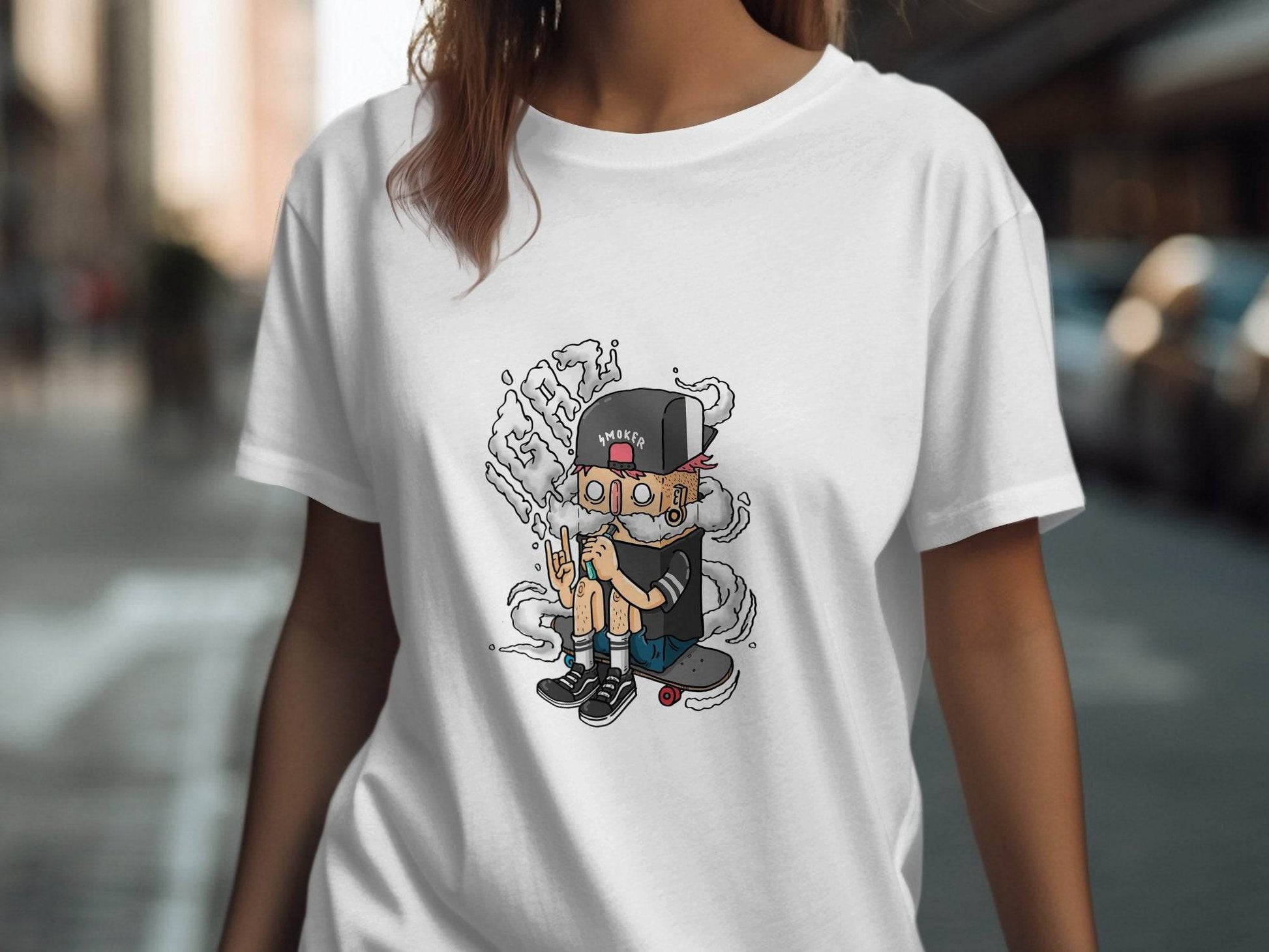 Cartoon Smoker Vaping on Skateboard Urban Style T-Shirt - Design & Vybe