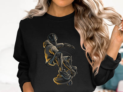 Futuristic Robot Skateboarding Graphic on Trendy Sweater - Design & Vybe